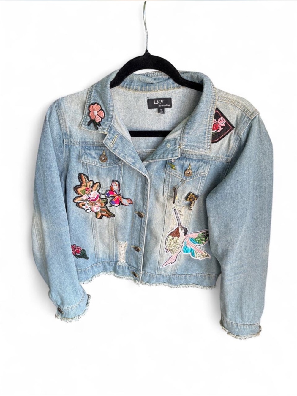 Embroidered embellished Jean jacket punk rock grunge with fringe and patchwork